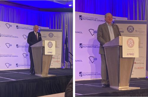 写真　ヘンリー・マクマスター知事による講演（左）、ハリー・ライトシー州商務長官による講演（右）（ともにジェトロ撮影）