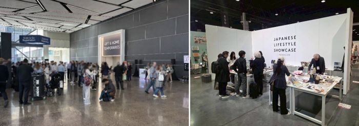 写真　（左）多くのバイヤーが来場したラスベガス・ウィンターマーケット2026、（右）PRブースでバイヤーに商品を説明する様子（ともにジェトロ撮影）