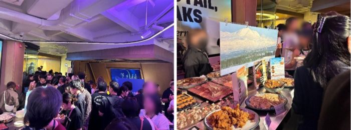 写真　“tsudoi '26”（左）と北海道産のブランド豚「ゆめの大地」のPR（右）の様子（ともにジェトロ撮影）