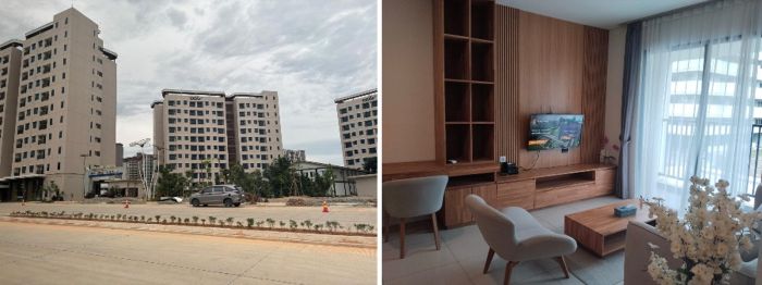 写真　（左）公務員住宅施設の外観、（右）公務員住宅施設の内部（ともにジェトロ撮影）