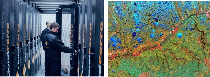 画像　（画像左）クラウドサーバーの様子、（画像右）地球観測プログラム「コペルニクス」から得られる衛星画像データ（ともにクラウドフェロ提供）