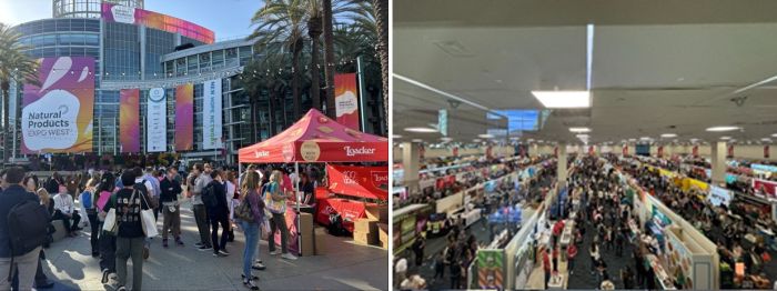 写真　（左）サンプリングブースが会場外にもあり多くの人でにぎわう、（右）ノースホール会場内（ともにジェトロ撮影）