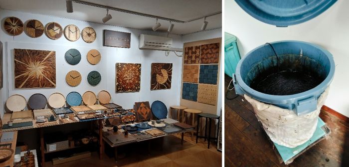 写真　森工芸の工房内ショースペース（左）と藍染め用の蓼藍（右）（ジェトロ撮影）