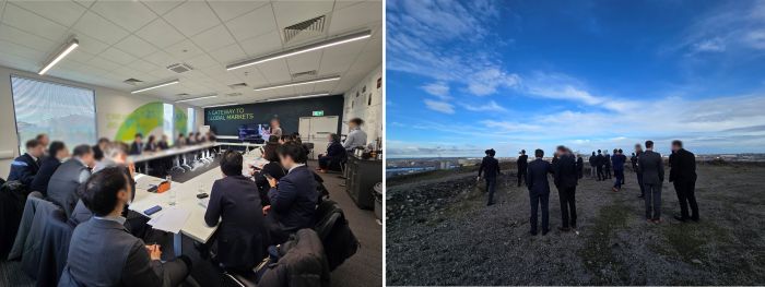 写真　（左）TVCAによるブリーフィング、（右）高台から望むティーズサイド産業クラスター（ともにジェトロ撮影）