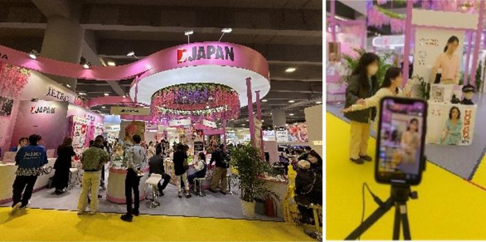写真　（左）ジャパンブースの様子、（右）ライブ配信の様子（ともにジェトロ撮影）