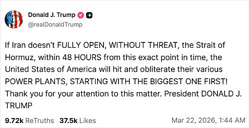 画像　ホルムズ海峡の開放を求める米国ドナルド・トランプ大統領の「トゥルース・ソーシャル」でのコメント画面（トゥルース・ソーシャルのトランプ大統領の公式アカウントより）
