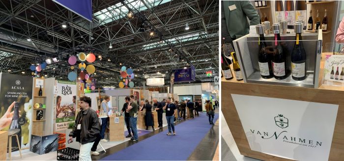 写真　プロワイン・ゼロの展示エリア（左）、スパークリングティーの展示（右）（ともにジェトロ撮影）