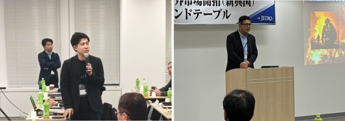 写真　質疑に回答するSAKIGAKE JAPANの近藤宗俊CEO（左）、ピッチ登壇者でロボット開発などを手掛ける知能技術の大津良司代表取締役（右）（ともにジェトロ撮影）