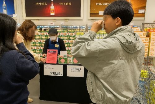 写真　青汁、野菜果汁を試飲する様子（ジェトロ撮影）