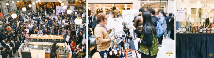 写真　（左）イベント会場の様子、（中央）試飲・商談の様子、（右）日本産花卉で装飾された展示ブースの様子（全てジェトロ撮影）