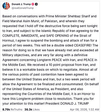 写真　2週間の停戦に関するトランプ米大統領のSNS「トゥルース・ソーシャル」でのコメント画面（トゥルース・ソーシャルのトランプ大統領の公式アカウントより）