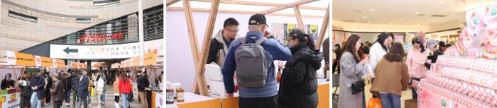 写真　（左）会場（美食イベント）の様子、（中央）来場者が日本産酒類・飲料を試飲する様子、（右）スーパーでの試飲の様子（全てジェトロ撮影）