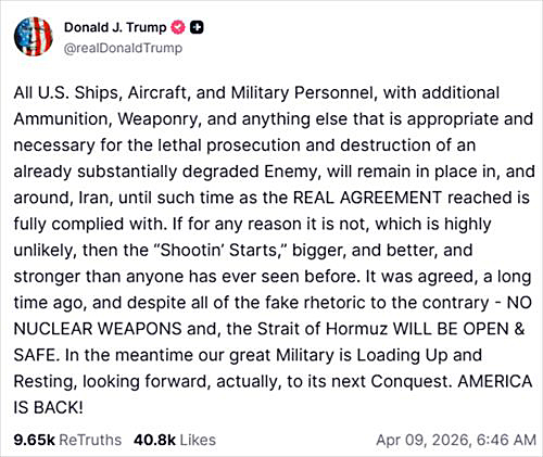 画像　米軍のイラン周辺での展開継続に関するトランプ米大統領のSNS「トゥルース・ソーシャル」でのコメント画面（トゥルース・ソーシャルのトランプ大統領の公式アカウントより）