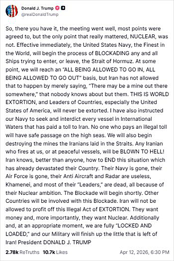 画像　ホルムズ海峡封鎖措置開始に関するトランプ米大統領のSNS「トゥルース・ソーシャル」でのコメント画面（トゥルース・ソーシャルのトランプ大統領の公式アカウントより）