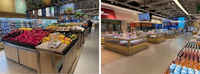 写真　ウィーマート店内の様子、葉物野菜や果物などが十分に陳列（左）、牛肉や水産品など食材が豊富に陳列（右）（ともにジェトロ撮影）