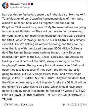 画像　イランとの協議再開に関するトランプ米大統領のSNS「トゥルース・ソーシャル」でのコメント画面（トゥルース・ソーシャルのトランプ大統領の公式アカウントより）