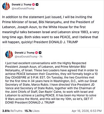 画像　イスラエルとレバノンの停戦に関するトランプ米大統領のSNS「トゥルース・ソーシャル」でのコメント画面（トゥルース・ソーシャルのトランプ大統領の公式アカウントより）