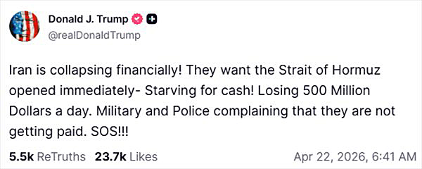 画像　海上封鎖のイラン経済への影響に関するトランプ米大統領のSNS「トゥルース・ソーシャル」でのコメント画面（トゥルース・ソーシャルのトランプ大統領の公式アカウントより）