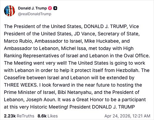 写真　イスラエルとレバノンの停戦3週間延長に関するトランプ米大統領のSNS「トゥルース・ソーシャル」でのコメント画面（トゥルース・ソーシャルのトランプ大統領の公式アカウントより）