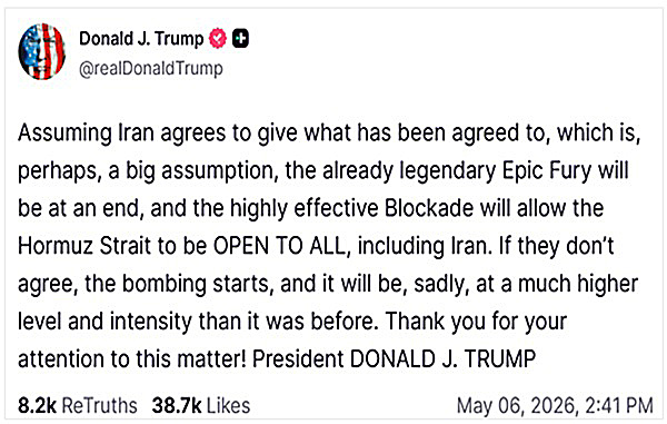 画像　ホルムズ海峡開放に関するトランプ米大統領のSNS「トゥルース・ソーシャル」でのコメント画面（トゥルース・ソーシャルのトランプ大統領の公式アカウントより）