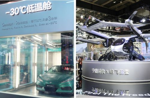写真　（左）BYDによる、低温環境下における電池性能をアピールする展示、（右）CATLの電池を搭載した電動垂直離着陸機（eVTOL）（いずれもジェトロ撮影）