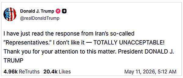 画像　イランの回答に対するトランプ米大統領のSNS「トゥルース・ソーシャル」でのコメント画面（トゥルース・ソーシャルのトランプ大統領の公式アカウントより）