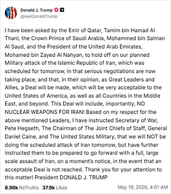 写真　イラン攻撃見送りに関するトランプ米大統領のSNS「トゥルース・ソーシャル」でのコメント画面（トゥルース・ソーシャルのトランプ大統領の公式アカウントより）
