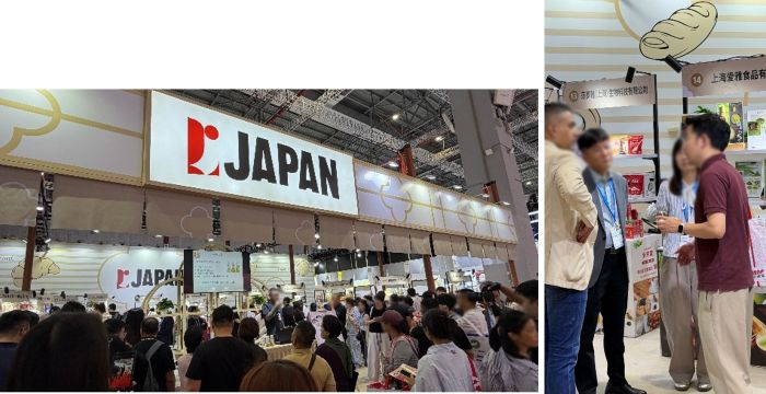 写真　（左）ステージでの商品発表の様子、（右）バイヤーとの商談の様子（ともにジェトロ撮影）