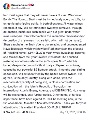 画像　覚書の最終判断に関するトランプ米大統領のSNS「トゥルース・ソーシャル」でのコメント画面（トゥルース・ソーシャルのトランプ大統領の公式アカウントより）