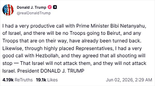 画像　イスラエルおよびヒズボラとの接触に関するトランプ大統領のSNS「トゥルース・ソーシャル」でのコメント画面（トゥルース・ソーシャルのトランプ大統領の公式アカウントより）