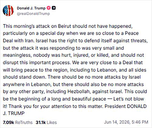 画像　イスラエルによるレバノン攻撃に関するトランプ米大統領のSNS「トゥルース・ソーシャル」でのコメント画面（トゥルース・ソーシャルのトランプ大統領の公式アカウントより）