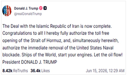 画像　イランとの停戦合意完了に関するトランプ米大統領のSNS「トゥルース・ソーシャル」でのコメント画面（トゥルース・ソーシャルのトランプ大統領の公式アカウントより）