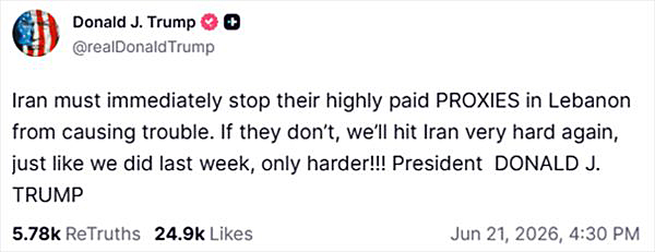 画像　レバノンにおける代理勢力に関するトランプ大統領のSNS「トゥルース・ソーシャル」でのコメント画面（トゥルース・ソーシャルのトランプ大統領の公式アカウントより）