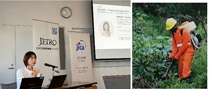 写真　（左）講演するSORA Technology宮原氏、（右）薬剤を散布する様子〔（左）ジェトロ撮影、（右）SORA Technology提供〕