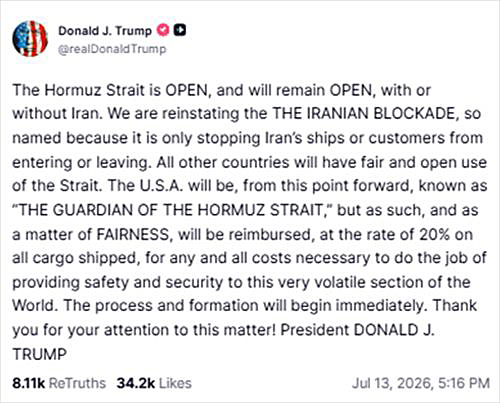 写真　イラン向け海上封鎖の再開に関するトランプ大統領のSNS「トゥルース・ソーシャル」でのコメント画面（トゥルース・ソーシャルのトランプ大統領の公式アカウントより）