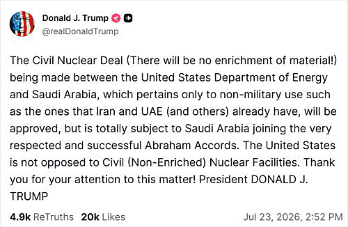 画像　サウジアラビアとの原子力協力協定の前提条件に関するトランプ大統領のSNS「トゥルース・ソーシャル」でのコメント画面（トゥルース・ソーシャルのトランプ大統領の公式アカウントより）