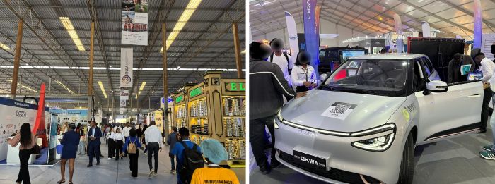 写真　（左）FILDA会場の様子、（右）オパイア・モーターズブランドの電気自動車（ともにジェトロ撮影）