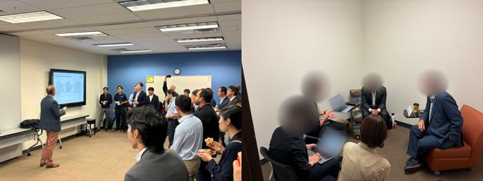 写真　（左）UCFのインキュベーション・プログラムの説明を受ける様子、（右）個別面談の様子（ともジェトロ撮影）