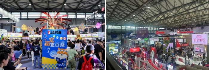 写真　（左）にぎわいを見せるジャパンブース、（右）会場内の様子（ともにジェトロ撮影）