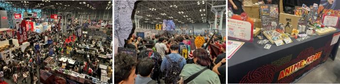 写真　エキシビットホール（左）、人気アニメとコラボした米系ファッションブランドの参加型イベントブース（中央）、アニメと組み合わせた工芸品を販売する日系企業ブース（右）（全てジェトロ撮影）