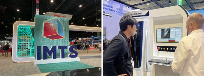 写真　（左）IMTS2026会場の様子、（右）IMTS2026で出展企業と意見交換を行う参加スタートアップ（ともにジェトロ撮影）