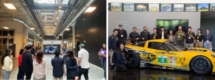 写真　（左）ニューラボ（Newlab）で施設内の説明を受ける参加スタートアップ、（右）プラットミラー（Pratt Miller）訪問時の様子（ともにジェトロ撮影）
