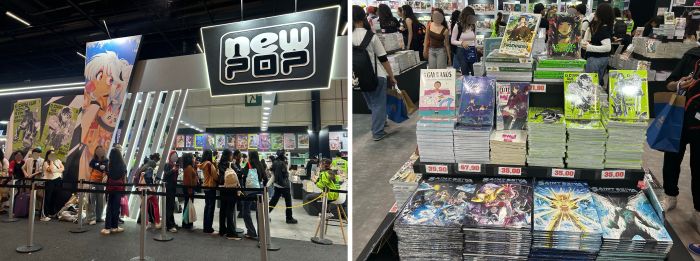 写真　（左）マンガを取り扱うNewPOP出版のブース、（右）店頭に並ぶマンガ（ともにジェトロ撮影）