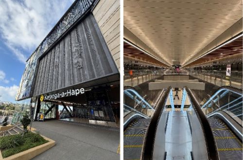 写真　（左）新設カランガ・ア・ハペ駅の様子、（右）駅構内の様子（案内版の表記はマオリ語・英語併記）（ともにジェトロ撮影）