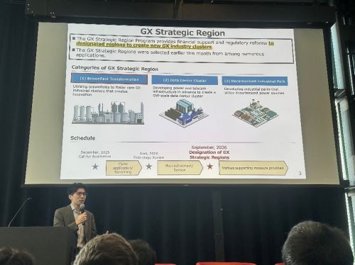 写真　経産省イノベーション・環境局GXグループ脱炭素成長型経済構造移行投資促進課の上利祐貴課長補佐によるGX戦略地域制度の説明の様子（ジェトロ撮影）
