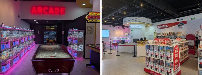 写真　（左）体験型ゲームエリア、（右）約200台のガシャポンが並ぶ店内（ともにジェトロ撮影）