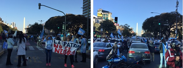写真　8月17日、ブエノスアイレス市中心部で政府方針に反対を示すデモ行進（ジェトロ撮影）